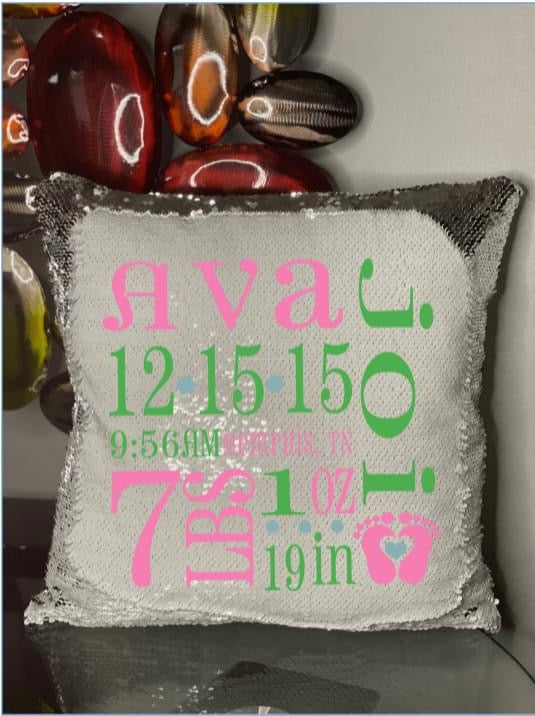 Customized Birth Announcement Reversible Sequin Pillow